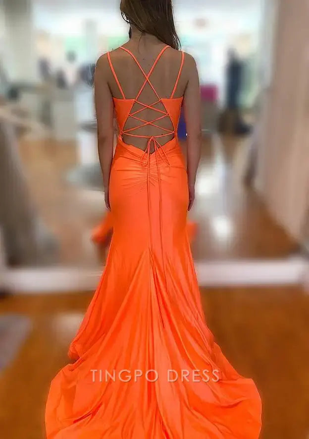 TingPo Wholesale Elegant Trumpet/Mermaid V Neck Sleeveless Sweep Train Jersey Prom Dress With Split Pleated